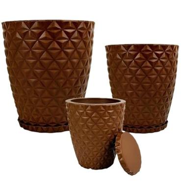 Imagem de Kit 3 Vasos Marmorizados Decorativos Planta de Luxo ou Flor Polietileno Coluna polida N1 N2 + Bojo N1 Com Pratos vasos para plantas ((A96+A50+A76) MARROM)