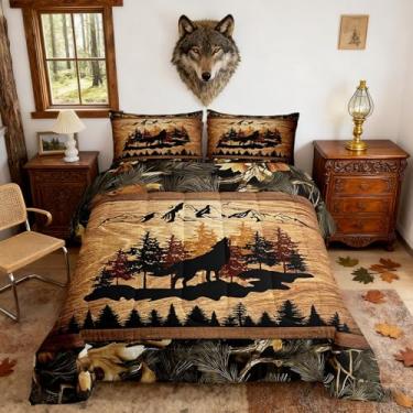 Imagem de Homewish Conjunto de edredom King com silhueta de lobo, árvores botânicas, pinheiros, selva, folhas botânicas, para crianças, adolescentes e adultos, grade de madeira marrom, retrô, edredom acolchoado