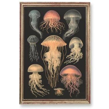 Imagem de Quadro retrô de água-viva abstrata arte de parede de água-viva pintura de academia escura oceano subaquático arte de parede pintura náutica vida marinha imagem animal oceano decoração vintage sala de