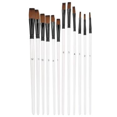 Imagem de Conjunto de pincéis de cabelo de nylon, pincéis artísticos premium com cabo de madeira, estilo variedade branca pérola para pintura em aquarela acrílica e óleo, 12 peças (Uma cabeça chata)