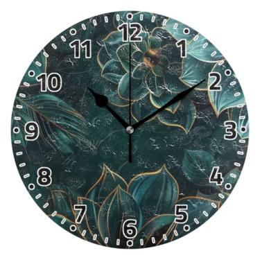 Imagem de WELLDAY Relógio de parede sem tique-taque 25,4 cm – Relógio redondo silencioso de quartzo floral preto azul-petróleo escuro operado por bateria para casa/escritório/cozinha/sala de aula