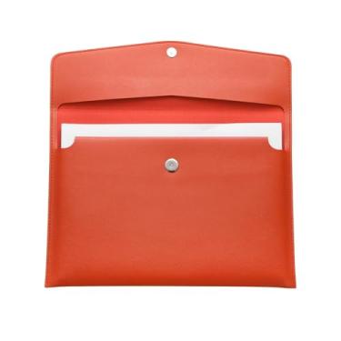 Imagem de PATIKIL Pasta de arquivo A4 de couro macio PU, suporte de documentos de 33 x 23 cm à prova d'água com fecho de pressão, organizador de portfólio para escritório, casa, papelaria, laranja claro