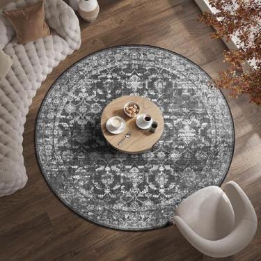 Imagem de Tapetes redondos laváveis de 1,8 m para sala de estar, vintage boho grande para quarto, sala de jantar, escritório, tapete com estampa floral envelhecida para embaixo da mesa, tapete macio
