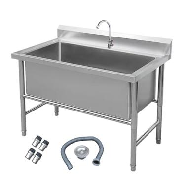 Imagem de Estação de pia de restaurante independente, pia de tigela única grande, pia comercial, pias utilitárias de aço inoxidável, banheira de lavanderia de nível comercial, com kit de drenagem e torneira (80