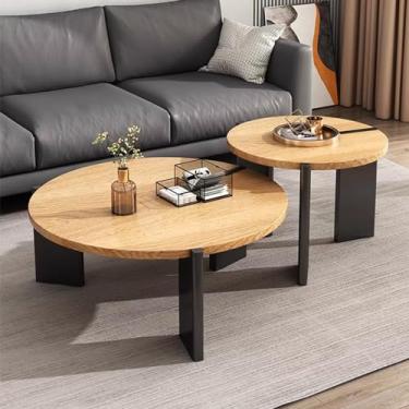 Imagem de Conjunto de 2 mesas de centro redondas industriais para sala de estar, mesa lateral para sala de estar, mesa de centro de madeira, mesa lateral de sofá, mesas laterais empilháveis