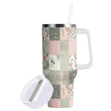 Imagem de Copo de 1,134 g com canudo e alça - Copos 2 em 1 à prova de vazamento - Copo grande de aço inoxidável isolado - Garrafa de água sem BPA Caneca de metal de viagem para mulheres e homens, retrô chique