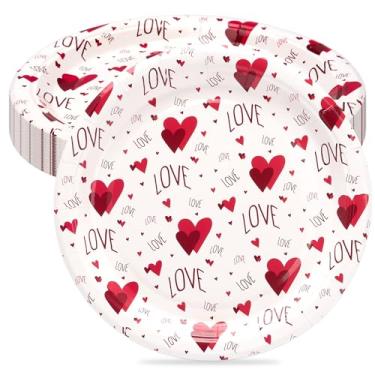 Imagem de wonmon 40 peças de pratos de papel Happy Valentine's Day, 17 cm, descartáveis, coração, amor, sobremesa, bolo, prato de papel para o dia dos namorados, jantar, mesa, decoração de festa