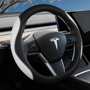 Imagem de OHHMNKK Capa de volante Tesla Model 3/Y, fundo plano em forma de D de couro napa, design de furos de cinto respirável, protetor de volante automático antiderrapante macio premium (branco)