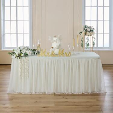 Imagem de leegleri 1 toalha de mesa de tule marfim de 1,8 m para mesas retangulares, capas de mesa creme 2 em 1 com saia de tule, toalhas de mesa de tule elásticas sem rugas, adequadas para festas de casamento