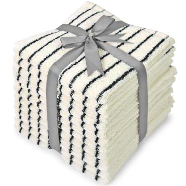 Imagem de Jacquotha Pacote com 12 toalhas de algodão listradas, 33 x 33 cm - panos macios para banheiro, cozinha, academia, rosto, preto e creme