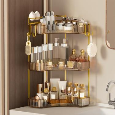 Imagem de Organizador de balcão de banheiro de canto de 3 camadas, prateleira de maquiagem e cuidados com a pele com suporte de escova embutido, organizador de bancada de banheiro que economiza espaço para