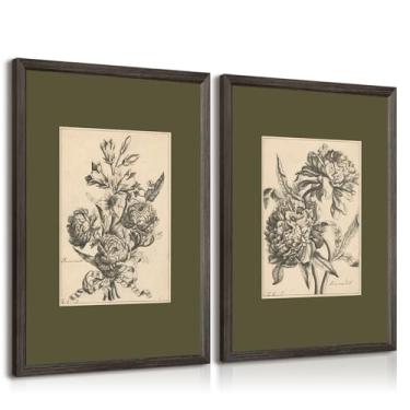 Imagem de Pôster em tela floral verde sálvia floral vintage botânico decoração de parede peônia imagens verde escuro pintura de desenho floral antigo para quarto sala de estar 30 x 40 cm moldura de madeira