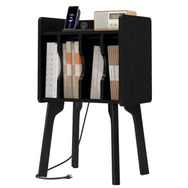 Imagem de EOYUTLLY Mesa de cabeceira moderna de meados do século, mesa lateral com armazenamento, mesa de centro pequena de madeira para sala de estar e quarto, preta (com soquete, preto)