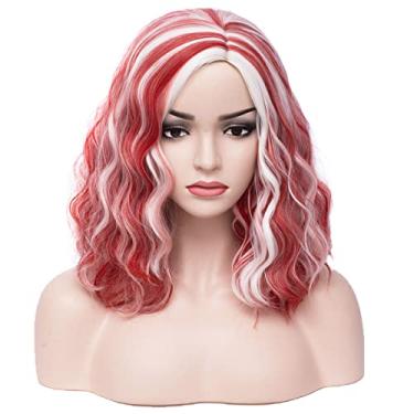 Imagem de MAGQOO Peruca vermelha branca com parte lateral, curta, ondulada, ondulada, cabelo vermelho, branco, perucas sintéticas de Halloween cosplay para festa (vermelho branco, feminino)