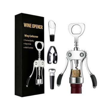 Imagem de Abridor de garrafa de vinho multifuncional saca-rolhas de asa de presente, cortador de folha, rolha a vácuo e despejador de arejador, perfeito para amantes de vinho, homem e mulher, cinza prateado