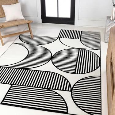 Imagem de JONATHAN Y SCN104G-3 Nordby High-Low Arco geométrico Scandi listrado preto/branco 0,9 m x 1,5 m Tapete de área interna, não derrama, resistente a manchas, fácil limpeza para quarto, sala de estar