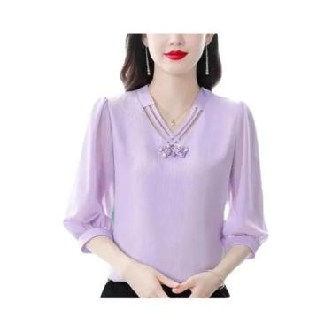 Imagem de Blusa Feminina Chiffon Manga 3/4 - Decote V - Verão, BR-G3, Lavanda