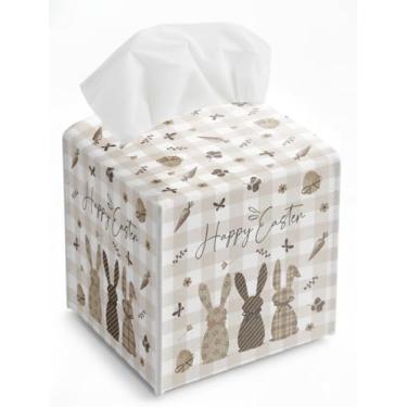 Imagem de Capa de caixa de lenços de guardanapo de dia de Páscoa, organizador de papel de couro à prova d'água Buffalo Plaid Bunny Runner para mesa de jantar, banheiro, penteadeira de cabeceira, carro, ideias