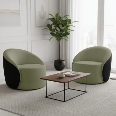 Imagem de Poltrona Sala Orgânica Kit 2 Lua Giratória Sintético PU Preto/Bouclê Pistache D03 - D'Rossi