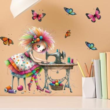Imagem de Adesivos de parede Sewing Machine Girl Colorful Crafting PVC - yiweisa