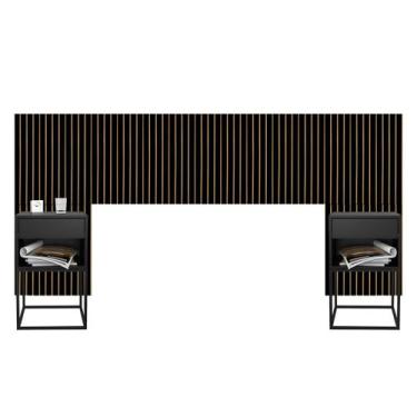 Imagem de Cabeceira Casal Queen e King Adesiva Ripado Com 2 Mesas de Cabeceira S