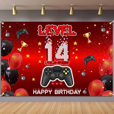 Imagem de Level 14 Desbloqueado Banner Decorações Videogame Em Aniversário De 14 Anos Para Meninos Crianças Vermelho e Preto Oficial Adolescente Level Up Tema Bday Background Fotografia Decoração Festa Sinal Suprimentos