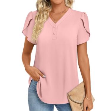 Imagem de HOTGIFT Túnica feminina de verão 2024, casual, manga curta, gola em V, botões, camisetas de chiffon para leggings macias e confortáveis, rosa, 3G