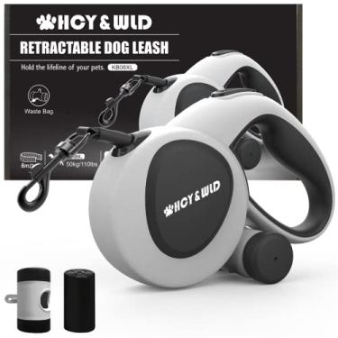 Imagem de HCY&WLD Coleira retrátil 3 em 1 para cães com dispensador integrado e sacos de cocô, coleira resistente de 7,9 m para cães com alça antiderrapante para cães de até 50 libras, 360° sem emaranhados, freio e trava com um botão