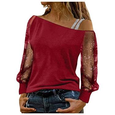 Imagem de Aniywn Camiseta feminina de manga comprida com ombro de fora e lantejoulas de malha com glitter, blusa de festa, clube, blusa Y2K, A4 - vermelho, M