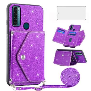 Imagem de Asuwish Capa de telefone para TCL 20 SE 6,82 capa carteira com protetor de tela de vidro temperado e alça transversal cordão Bling Glitter suporte para cartão de crédito TCL20SE Android 11 TLC 20SE