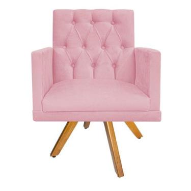 Imagem de kit Poltrona e Puff Fernanda Base Giratória de Madeira Suede Rosa Bebê