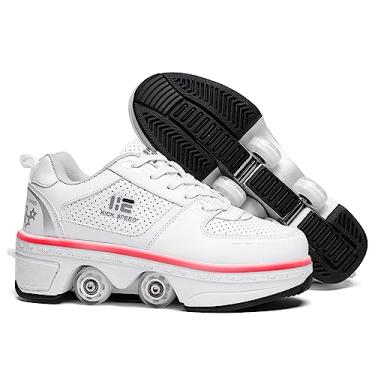 Imagem de Tênis de patins 2 em 1 com 4 rodas retráteis, tênis de patinação para esportes ao ar livre para meninas e meninos, Cano baixo branco, 9.5 Women/9.5 Men