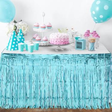 Imagem de Teenyyou Pacote com 2 saias de mesa com franjas de alumínio ondulado brilhante para decorações de aniversário de sereia, tema de praia de verão, decoração de festa de aniversário de luau de tubarão