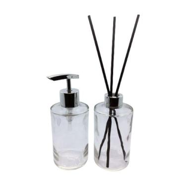 Imagem de Kit Lavabo Luxo Cromado Vidro 250ml Saboneteira 250ml Difusor - Rco es