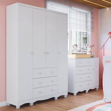 Imagem de Quarto Infantil com Guarda-Roupa 4 Portas e Cômoda 1 Porta 100% MDF Mimo Espresso Móveis Branco Brilho