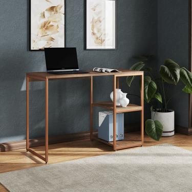 Imagem de Mesa Escritório Berlim Industrial com Prateleira Ferro Cobre Tampo 110x46 Amêndoa