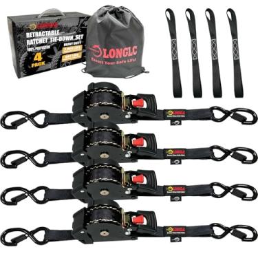 Imagem de LONGLC Pacote com 4 tiras de catraca retráteis resistentes - 2,5 cm x 3,5 m, resistência à ruptura de 0,9 kg - Melhor para caminhões, reboque de carga, motocicleta, catraca de amarração, correias de