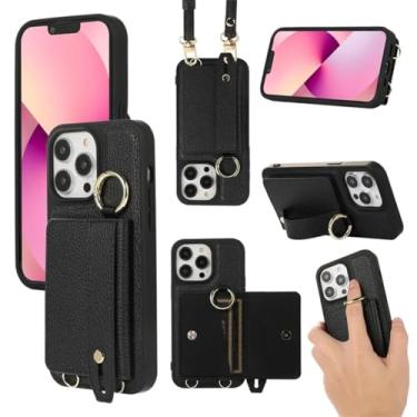 Imagem de Pulseira carteira cartões solt crossbody capa de couro para iphone 15 pro max 14 plus 13 12 11 anel titular cordão saco bolsa capa, preto, para iphone 15