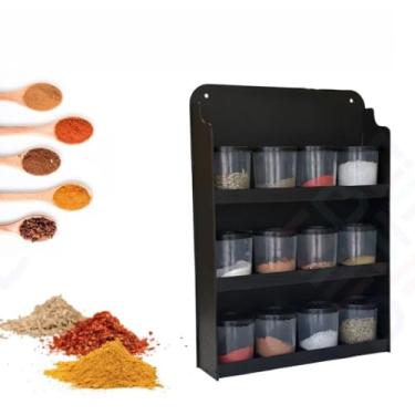 Imagem de Prateleira Porta Condimentos Suporte Em Madeira Porta Tempero de Parede 12 Potes de Plástico(GRANDE (COM 12 POTES) Preto)
