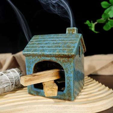 Imagem de Mougigi Suporte para queimador Blue House Palo Santo – Mini Chiminé de cerâmica com base estável para queimar sálvia e cones de incenso - Tigela pequena para manchas ideal para altares zen, meditação