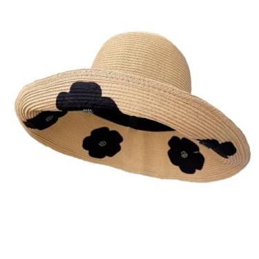 Imagem de Chapéu de pescador feminino para viagem de verão protetor solar patch de sombra pequena flor borda grande bacia chapéu de sol marrom cinza M 56-58 cm