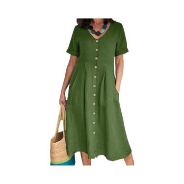 Imagem de Vestido De Algodão E Linho plus Size Com Decote Em V, Manga Curta, Bot