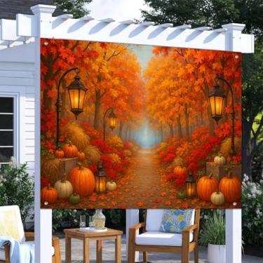 Imagem de BlissYard Cenário de outono 2,4 x 1,8 m, cenário de outono com lanternas de abóboras, folhas coloridas, fardos de feno, faixa de ação de graças para festivais de colheita, decoração de festa e fundo
