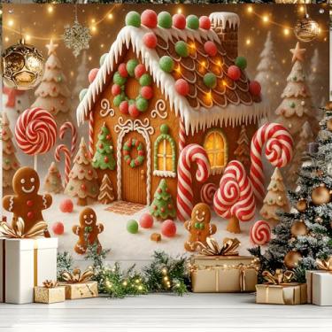 Imagem de BlissYard Faixa de fundo de Natal para casa de gengibre, 2,4 x 1,8 m, bengala doce, pirulito, fundo natalino, boneco de neve, árvores, pão de gengibre, masculino, decoração de festa no país das