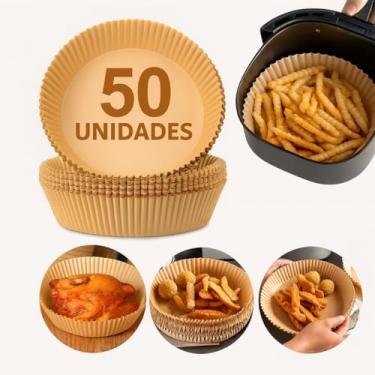 Imagem de Kit com 50 Formas descartáveis para Air Fryer forro Antiaderente para fritadeiras Pratos de Papel Descartáveis 50 Unidades Biodegradáveis Suportam Alimentos Quentes e FriosCor Natural 20cm Premium