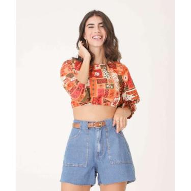 Imagem de Blusa Cropped Estampado Feminino Manga 7/8 Marisa-02008, Laranja, Verm