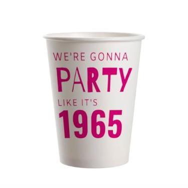 Imagem de SharkBliss Copos de festa de aniversário de 60 anos de 1965, pacote com 20 copos de papel descartáveis de 255 g rosa We're Gonna Party Like It's 1965 60º aniversário para o aniversário de 60 anos