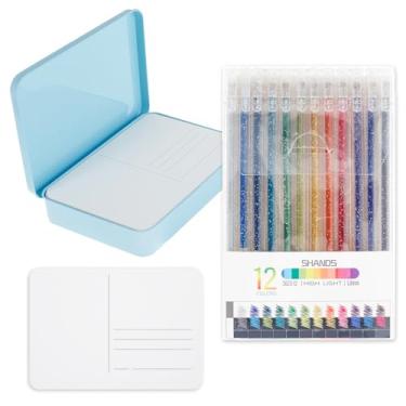 Imagem de Canetas de gel metálicas de 12 cores, canetas de gel coloridas com glitter com cartões postais em aquarela, canetas de gel neon brilhantes versáteis conjunto de marcadores artísticos de ponta grossa