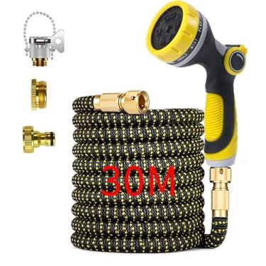Imagem de Mangueira de Jardim 30 Metros Alta Pressão Autoexpansível Conexões Maciças de Latão Esguicho Multifuncional 8 Modos Interruptor Rotativo (Amarelo, NO.1)