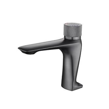 Imagem de Torneira de lavatório de latão escovado dourado para banheiro com temperatura constante interruptor de botão montado no deck torneira de pia mistura quente e fria (cinza arma)